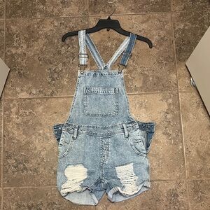 Denim Overalls with Distressed Details